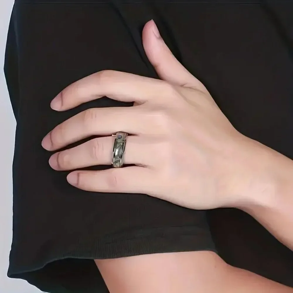 Tungsten Steel Carbide & Abalone Carbon Inlay Design statement Ring